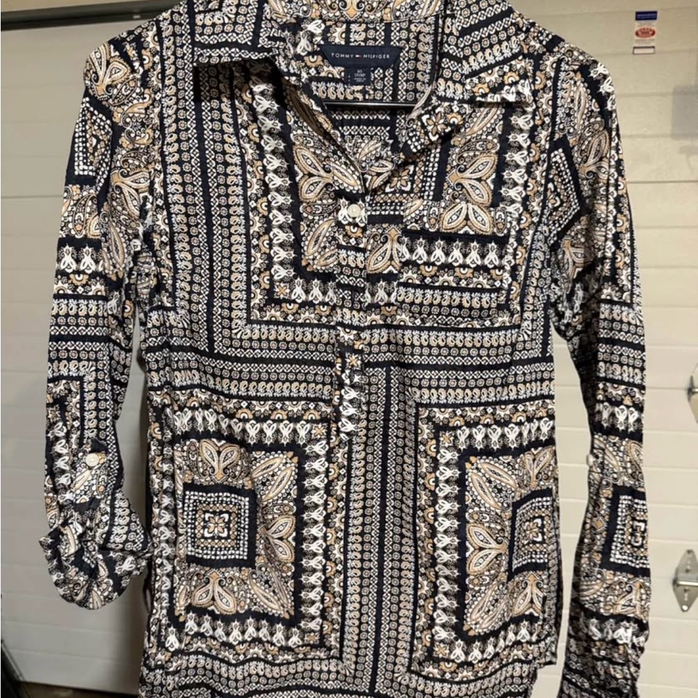Tommy Hilfiger Navy and Beige Patterned Shirt